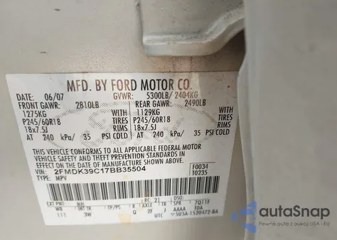 2007 Ford Edge Sel Plus from USA, damaged, VIN 2FMDK39C17BB35504
